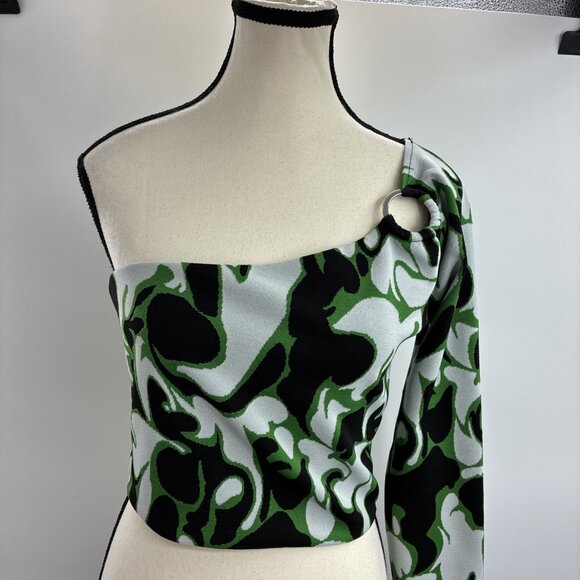 Zara Womens Size L One Shoulder Top Green Black Abstract Print Long Sleeve - Picture 2 of 6
